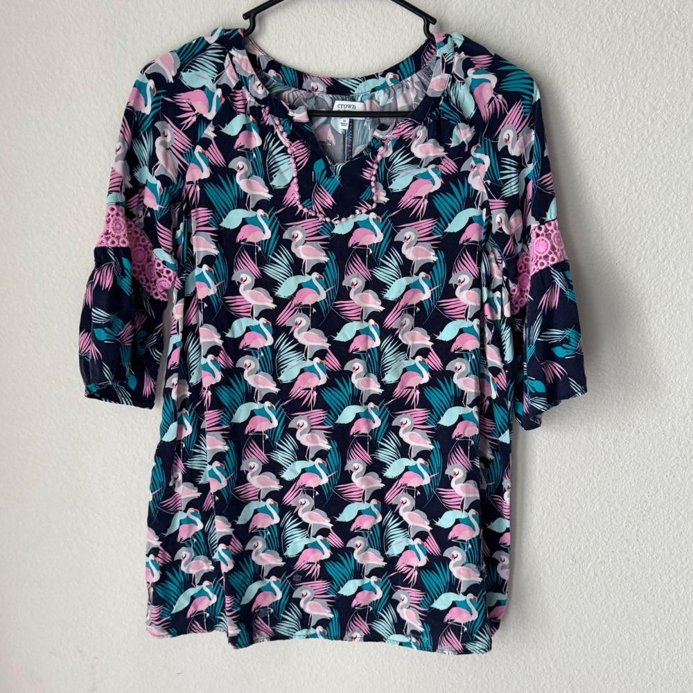 Crown & Ivy Girls‎ Navy Flamingo Tropical Palm Print Tunic Blouse Top Size 10